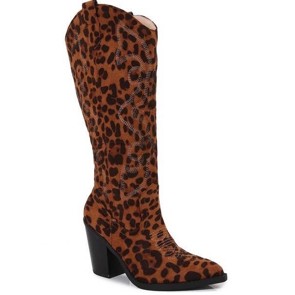 Berness Shoes - Berness Arizona Leopard Print Western Embroidered Low Heeled Cowboy Boots